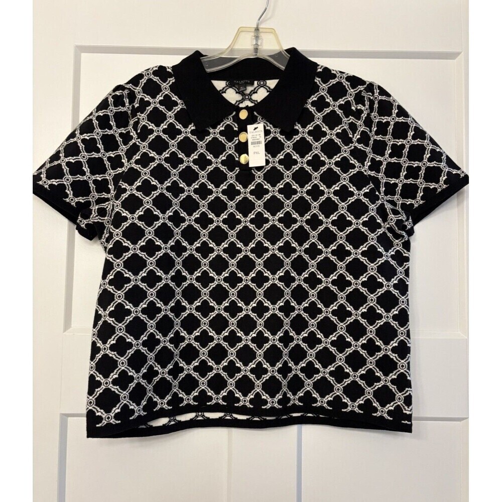 Talbots Ribbed Johnny Collar Sweater Lattice Jacquard Size XL Petite Black NWT